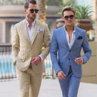 2022 Ivory ผ้าลินินผู้ชายชุดสำหรับ Beach Wedding เจ้าบ่าว Tuxedos Notched Lapel Terno 2ชิ้นเจ้าบ่าวสวมใส่ Slim Fit ชุดH