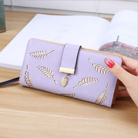 6Colors Long Wallet PU Leather Purse Female Gold Hollow Leaves Pouch Handbag Women Solid Color Coin Purse Card Holders Clutch