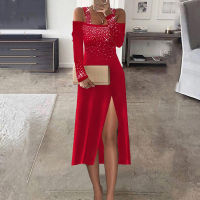 Elegant Shiny Diamond Party Dress Women 2021 Autumn New Sexy One Shoulder Halter High Slit Long Dresses Lady Solid Bodycon Dress