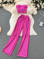 【DT】hot！ Pieces Sets Strapless Camisole   Wide Leg Pants Streetwear Piece Suits