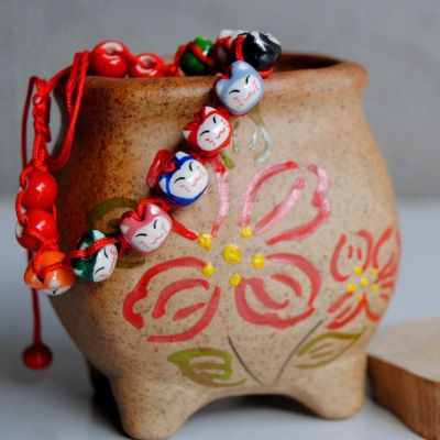 ✿ Ceramic Fortune Cat Charm Beaded Red String celet Wish Jewelry