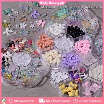  7 Grids Color Assorted 3D Nail Charms Set Heart Flower  Butterfly Bow Nail Charms Pink Purple Nail Charms Rhinestones For Manicure  DIY Crafts Jewelry Accessories