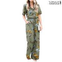 COD DSFERTEREERRE ZANZEA Women European Style Vintage Casual Short Sleeve Floral Printed Drawstring Waist Wide Leg Jumpsuits