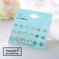 ✈ พร้อมส่ง : ต่างหูเซ็ท 9 คู่คริสตัลสีพาสเทล / 9 Pairs Pastel Crystal Stud Earring Set.