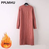 Winter Thicken Plus Velvet Sweater Dress Womens Fall Mock Neck Rib Knit Bottoming Dresses Elegant Warm Vestido Midi With Coats