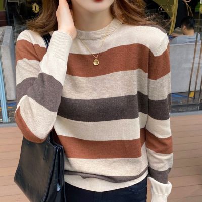 [Spot] striped long sleeve base shirt womens spring autumn and winter thin loose sweater inner sweater early autumn top 2023