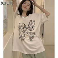 XIYUYI เสื้อยืดผู้หญิงขอบคอตตอน200G เสื้อยืดสไตล์ใหม่ทรงหลวมแบรนด์ขนาดพิเศษทันสมัยเสื้อพิมพ์ลายเกาหลีสุดเจ๋ง