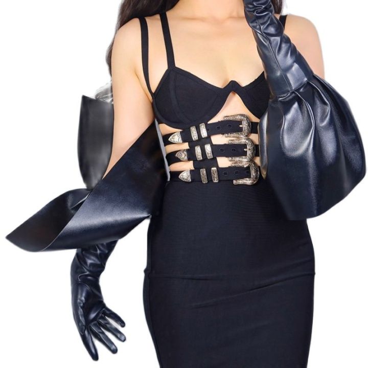 2021long-leather-gloves-female-70cm-oversized-flying-edge-lace-sleeves-angel-wings-black-faux-imitation-leather-touch-screen-wpu314
