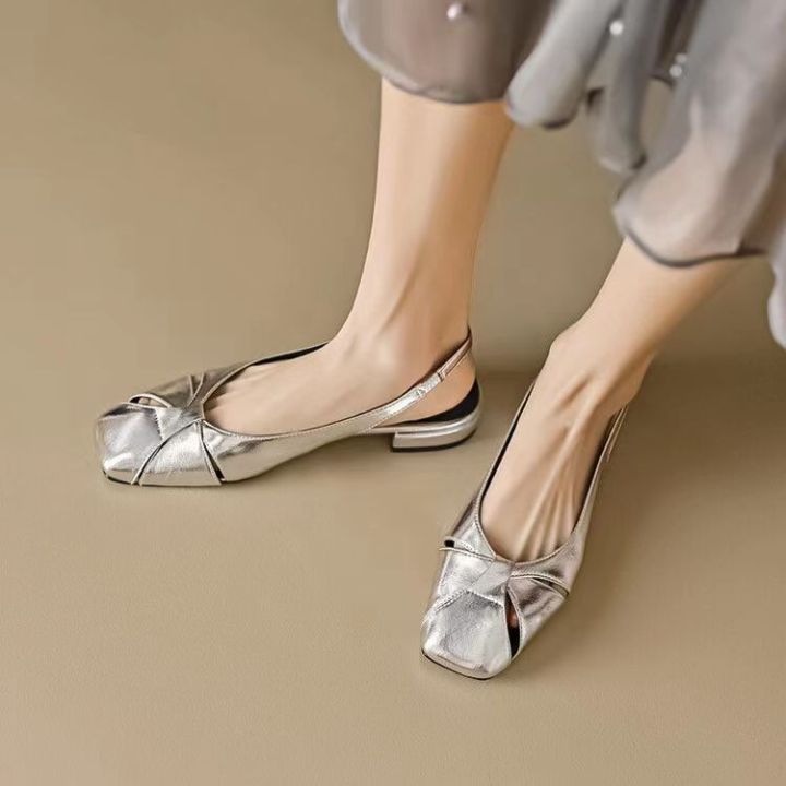 2023-new-spring-and-summer-sky-soft-leather-toe-cap-sandals-womens-outer-wear-flat-shoes-back-strap-square-toe-golden-silver-temperament
