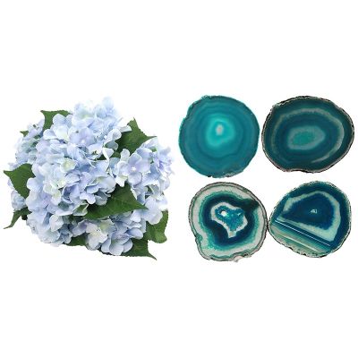 1 Bunch of 7 Heads Artificial Flowers Silk Hydrangea Bouquet &amp; 4 Pcs Blue Agate Coaster Teacup Tray Coaster