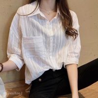 COD DDDGRYTRY Women short Sleeve Shirts Thin Casual Fashion Loose Shirt Tops Womens blouse Womens Striped New Korean Style Loose plus Size Temperament Blouses Oversized