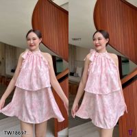 J18697 เดรสแขนกุด ระบาย 2 ชั้น ลายดอกไม้ Sleeveless dress with 2 layers of ruffles, floral print