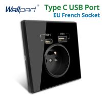 Wallpad Black Acrylic Mirror Panel Wall EU French Standard Power Socket With USB Charge Port Type-C Outlet 5V 2100mA