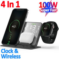 ZZOOI 100W 4 in 1 Wireless Charger Stand For iPhone 14 13 12 11 Pro Max Apple Watch Airpods Fast Charging Dock Station LED Alarm Clock