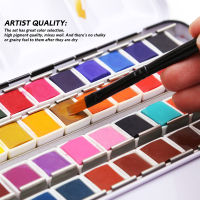 DAINAYW Portable 48Colors Pigment Solid Watercolor Paints Set Tin box Paint Set with 48Colors Half Pan 2 Brush Pen Water paper