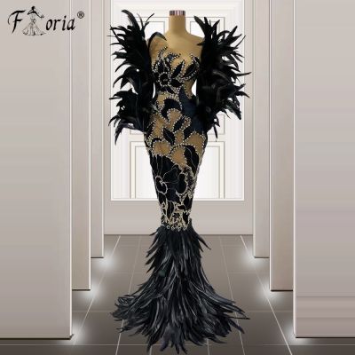 Vintage Design Long Sleeves Feathers Mermaid Party Dresses Black Evening Prom Dress Custom Made vestidos de ocasión formales