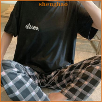 shenghao ชุดชุดนอนเด็กผู้หญิงแขนสั้นลายสก็อตกางเกงขายาวหวานชุดอยู่บ้านฤดูร้อน