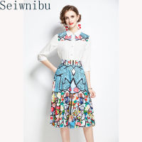 Seiwnibu Designer Runway Autumn Women Fashion Vintage Lapel Collar Half Sleeve Tops and Print Skirts 2 Two Piece Sets Suits