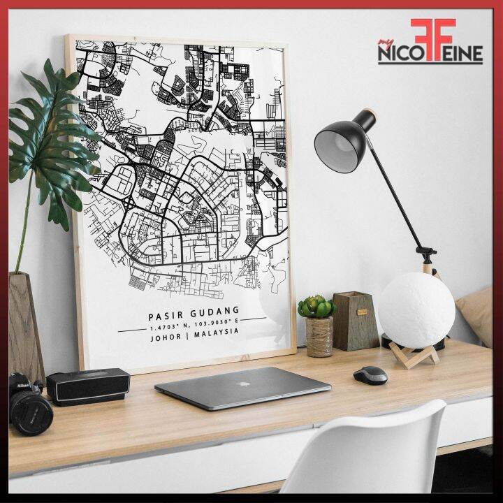 (POSTER ONLY) Pasir Gudang Johor Minimal City Map with Coordinate Black