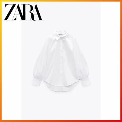 Zara เสื้อเชิ้ตแขนพัฟ สีขาว ทรงหลวม สําหรับผู้หญิง 9113