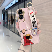 Hpcase เคสสำหรับ Honor 90 5G 90 Lite 5G พร้อมสายรัดข้อมือการ์ตูนขอบสี่เหลี่ยมน่ารักลายอนิเมะลูฟี่ปลอกชุบเคสโทรศัพท์หรูหราชุบเคสโทรศัพท์นิ่ม