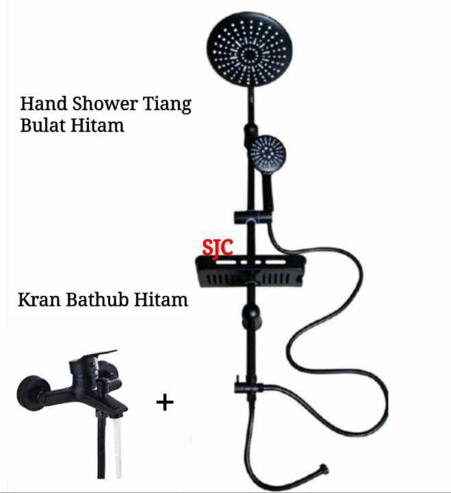 Hand Shower Tiang Set Bulat Black + Keran Bathub Shower Tiang Mandi Hitam Stainless Hand