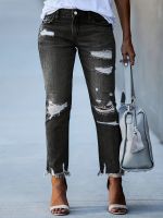 xixibeauty Ripped Raw Hem Cropped Skinny Jeans, High Waist Slim Fitting Skinny Pants, Womens Denim &amp; Clothing