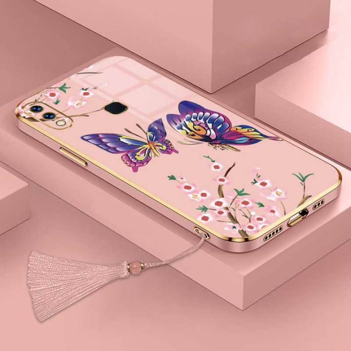 เคสสำหรับ-vivo-y85-vivo-z1i-vivo-v9-z3x-vivo-y85ผีเสื้อสวยงามหรูหราพร้อมเคสป้องกันกล้องดอกไม้เคสโทรศัพท์ขอบชุบฝาครอบซิลิโคนนิ่มพร้อมฟรีสายคล้อง