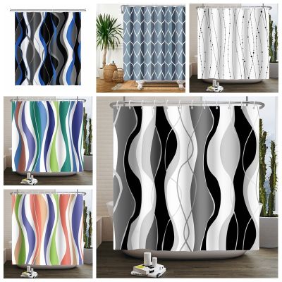 Black And White Striped Wavy Line Shower Curtain for Bathroom with 12 Hooks Abstract Geometric Bathroom Curtain Hotel Style