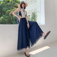 Korean Summer New Chiffon Wide Leg Pants High Waist Casual Trouser Skirt Female Elegant Fashion Vintage Slacks Straight Pantalon