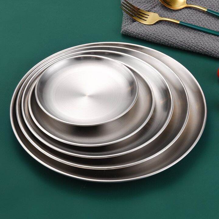 stainless-steel-dinner-plates-restaurant-gold-serving-tray-round-dessert-cake-snack-dishes-silver-storage-plate-korean-cutlery