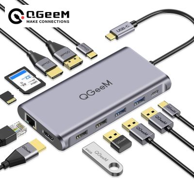 QGeeM USB C ศูนย์กลางสำหรับ Macbook Pro Dual Display Type C Hub ไปยัง Dual 4K HDMI &amp; DP อ่านการ์ด SD ขนาดเล็ก RJ45 Aux PD อะแดปเตอร์ฮับ USB Feona