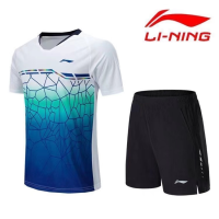 ชุดกีฬา Li Ning แขนสั้นสำหรับทั้งหญิงและชายชุดชุดกีฬาแบดมินตันระบายอากาศได้ดีดูดซับเหงื่อแห้งเร็วสไตล์ใหม่ฤดูร้อน2023