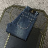 【High Quality】23 Autumn/Winter Thick Embossed Blue Jeans Cotton Elastic Slim Fit Straight Tube Large Denim Pants for Men