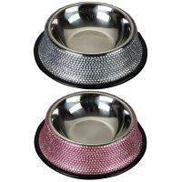 Stainless Steel Dog Bowl Pet Bowls Food Water Feeder with Rhinestone Non-Skid Rubber Base 2 Colors for Pets Various Dogs