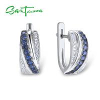 SANTUZZA Silver Earrings For Women 925 Sterling Silver Stud Earrings Blue Nano Cubic Zirconia brincos Elegant Fashion Jewelry