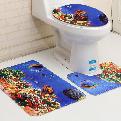Sea Lion Bathroom Floor Mat Fish Toilet Three-piece Set Dolphin Seafood Bathroom Mat Toilet Seat Rug 40cmx60cm 50cmx80cm