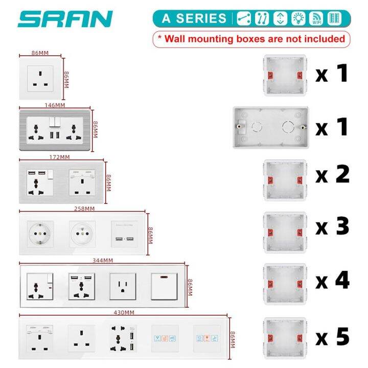 sran-2-port-usb-with-type-c-wall-outlet-5v-2-1a-output-with-led-indicator-for-phone-computer-charge-tempered-glass-panel-86-86mm