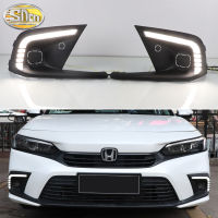 SNCN ไฟวิ่งกลางวัน LED 12V สำหรับ2021 Civic 2022 2023สัญญาณไฟเลี้ยวสีเหลืองแบบไดนามิก DRL อัตโนมัติไฟตัดหมอกรถวิ่งสีฟ้าพร้อมรูยึดเรดาร์2ชิ้น