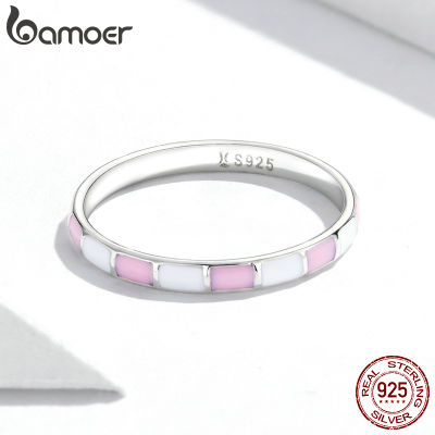BAMOER 925 Sterling Silver Simple Check Ring Two Colors Contrast Enamel Pink White Finger Ring for Women Party Fashion Jewelry