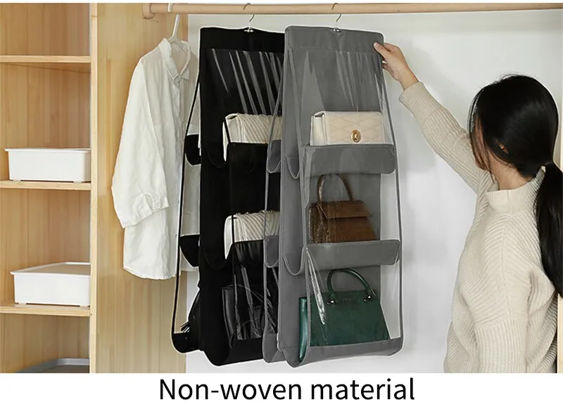 1pc Black 6-compartment Hanging Handbag Organizer Closet Storage Non-woven  Dustproof Storage Bag With Multi-layer Design For Household Use