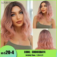 LOUIS FERRE Short Pink Bob Wavy Wigs Ombre Pink Curly Synthetic Wig Shoulder Length Cosplay Lolita Cute Fake Hair Heat Resistant