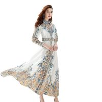 Womens Dress Retro Style 2024-Early Spring Palace Style Lapel Single-Door Placket Lantern Sleeve Retro Printed MAXI Dress