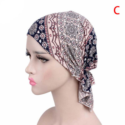 หมวกคีโม Shiqinbaihuo สำหรับผู้หญิงมะเร็งหมวกมุสลิมหมวกผ้าห่อแบบยืดบีนนี่ผ้าคลุมผมผ้าพันหัว
