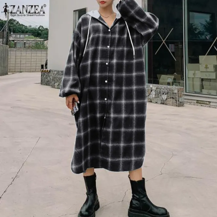 Queean Korean Style Women Long Sleeve Hoodie Dress Casual Plaid Side Split  Dresses Holiday | Lazada