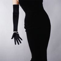 ﹍ Yipeisha Velour Black Opera Gloves for Bride Full Fingers Velvet Long Gloves for Party Women Retro Elastic Wedding Accessories