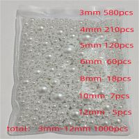 3-12mm Mix size 1000pcs Pure White/ivory Pearl wtraight Non holes round imitation plastic beads for needlework &amp;Jewelry Making Beads