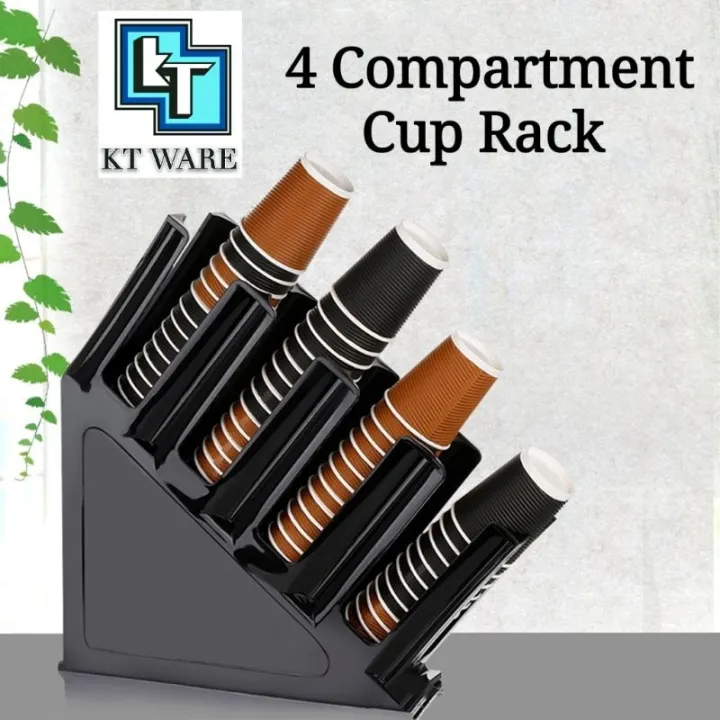 KT WARE 4 Compartments Plastic Cup Holder Rack Counter Coffee Cup Lid