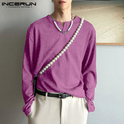 เสื้อยืดแขนยาวสำหรับผู้ชาย INCERUN เสื้อเสื้อออฟฟิศลำลองคอวีหลวม (ลดล้างสต๊อก)