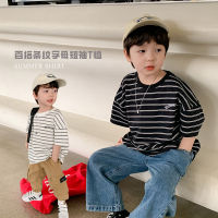 Childrens 2023 spring and summer new striped short-sleeved T-shirt boys and girls baby all-match contrast color letter jacket base shirt